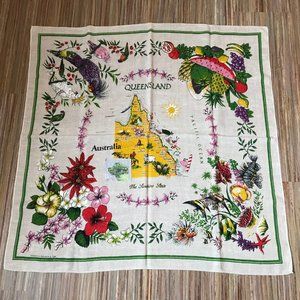 Vtg Queensland Australia Linen 50" Square Tablecloth Floral Tropical Colorful